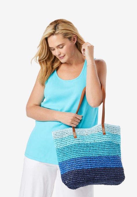Color Block Straw Tote, DEEP COBALT CABANA STRIPE, hi-res image number null