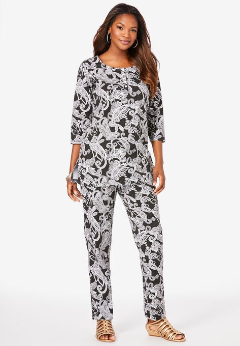 Printed Three-Quarter Sleeve Henley Set, , hi-res image number null