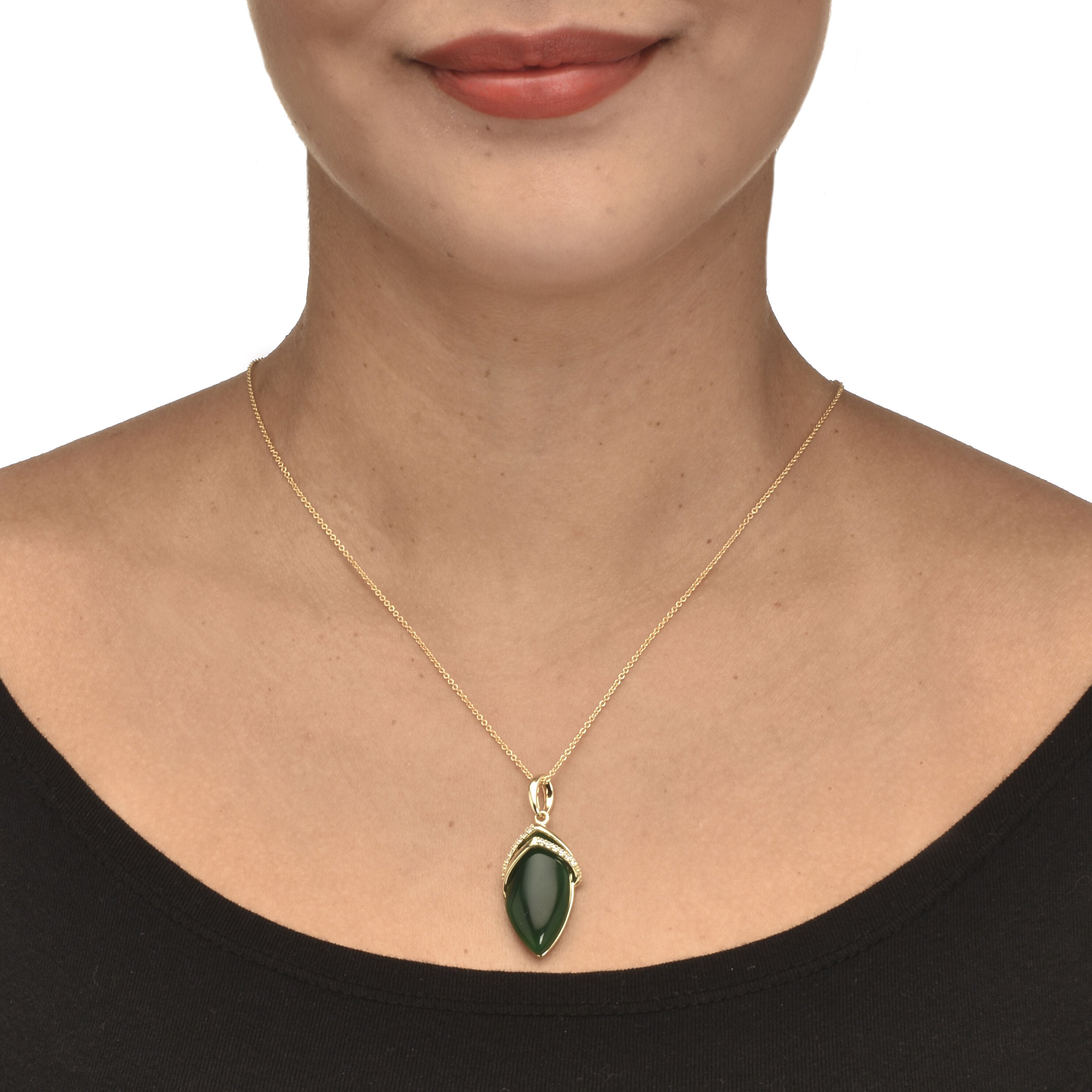 .15 TCW Genuine Agate and CZ Pendant Necklace 14k Gold-Plated 18-20 inches, GREEN, alternate image number 2
