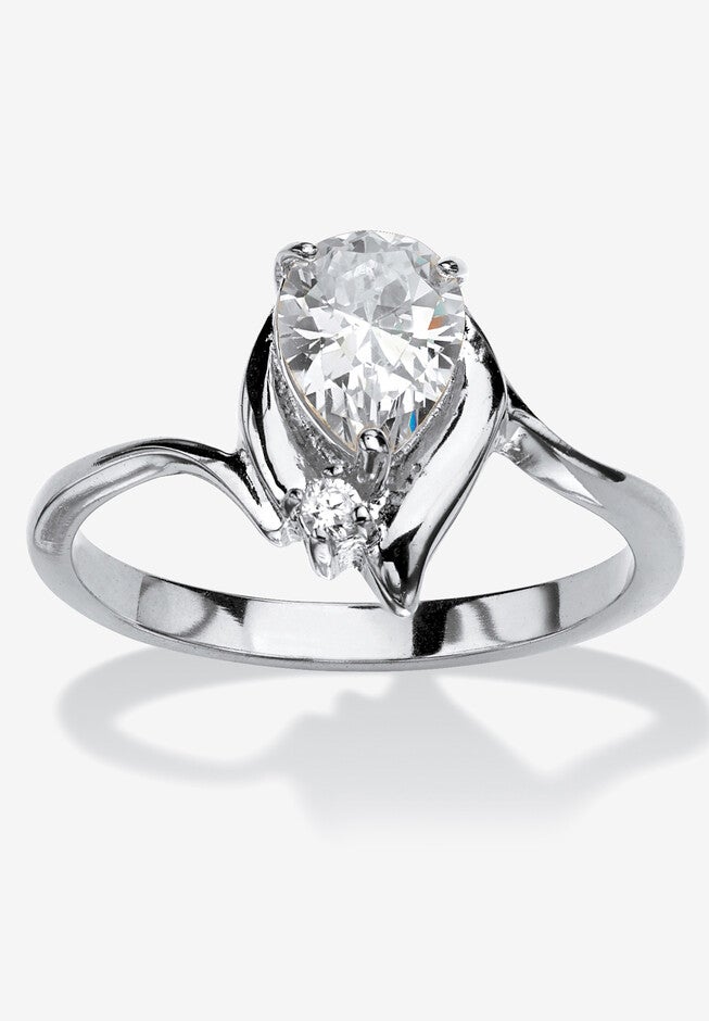 Silvertone Simulated Pear Cut Birthstone And Round Crystal Ring Jewelry, DIAMOND, hi-res image number 0