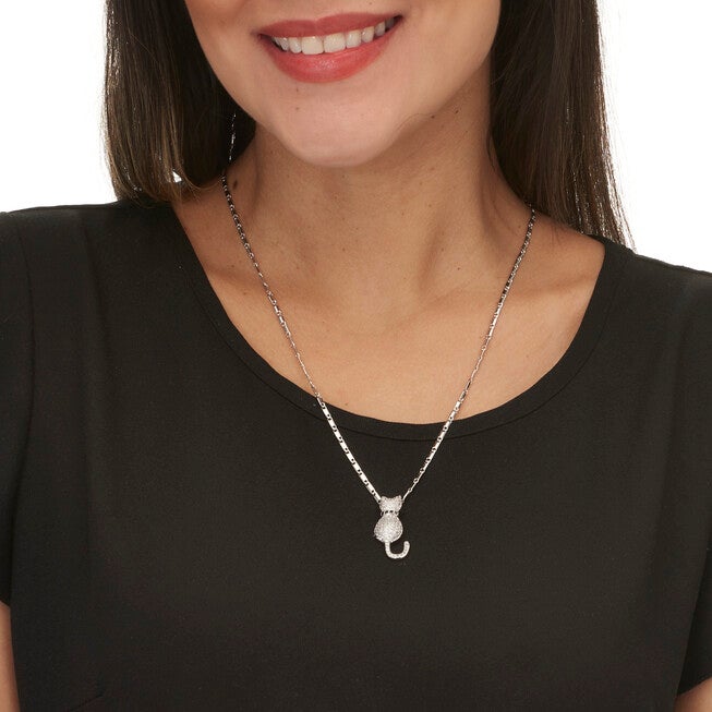Round Crystal Silvertone Cat Pendant Necklace 20 to 22-inch, WHITE, alternate image number 2