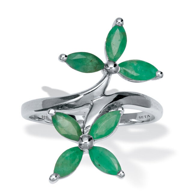 2.10 TCW Marquise Cut Genuine Green Emerald Sterling Silver Floral Ring, GREEN, hi-res image number 0