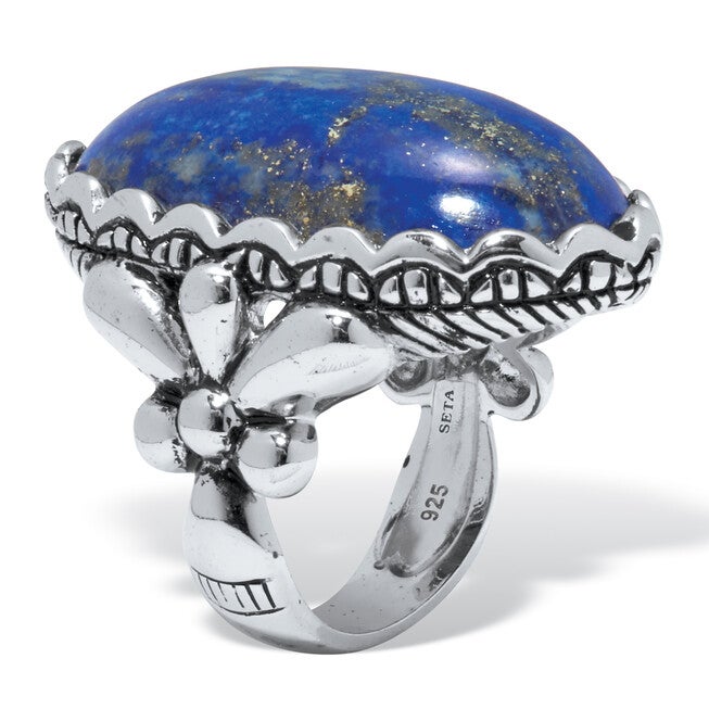 Oval Shaped Genuine Blue Lapis Sterling Silver Ring, BLUE, on-hover image number 1