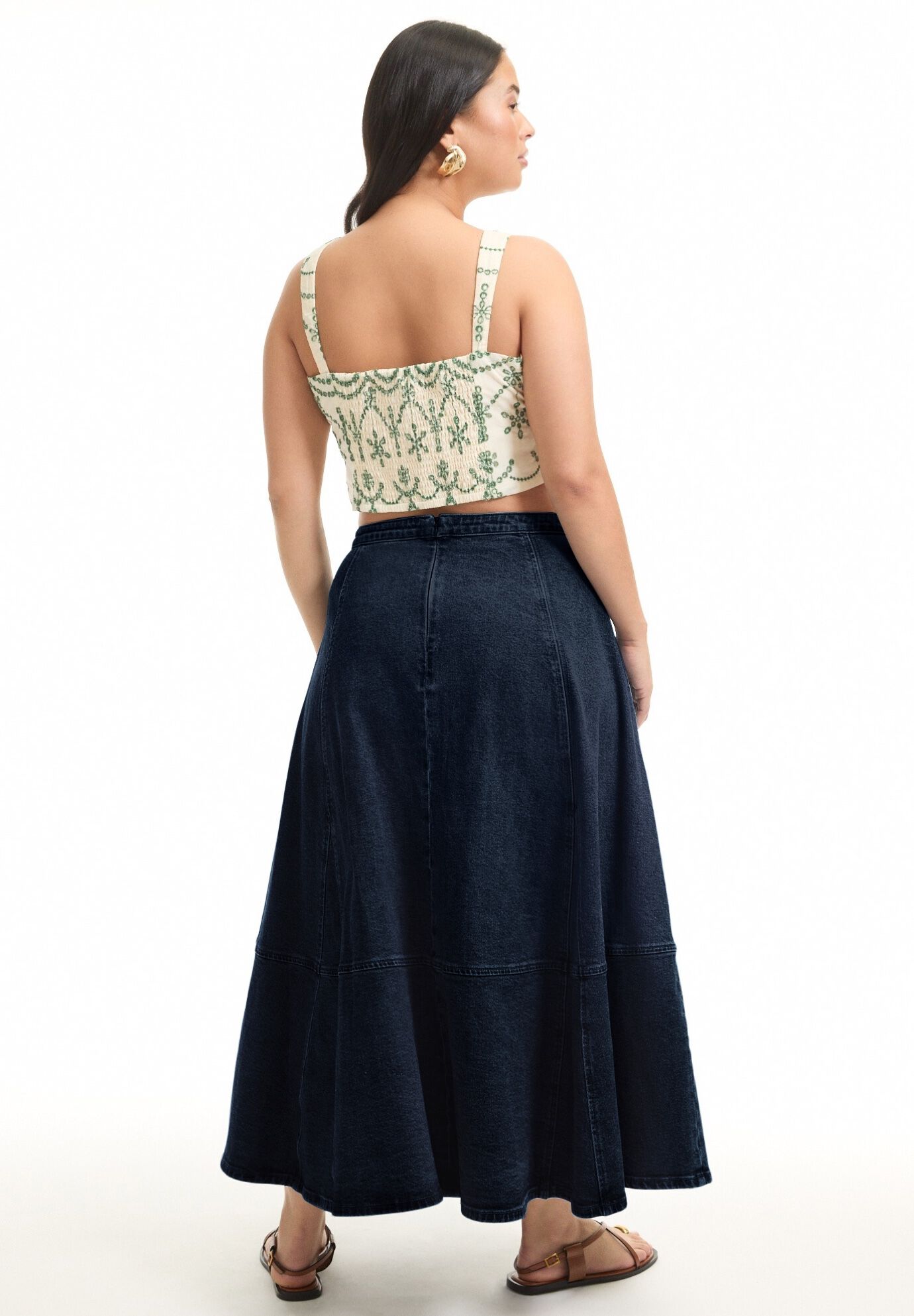 Fit-And-Flare Denim Midi Skirt, DARK RINSE, alternate image number 2