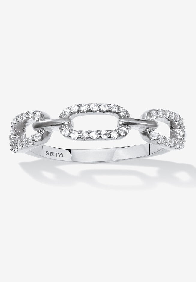 .21 Tcw Round Cubic Zirconia Silvertone Link Ring, SILVER, hi-res image number 0