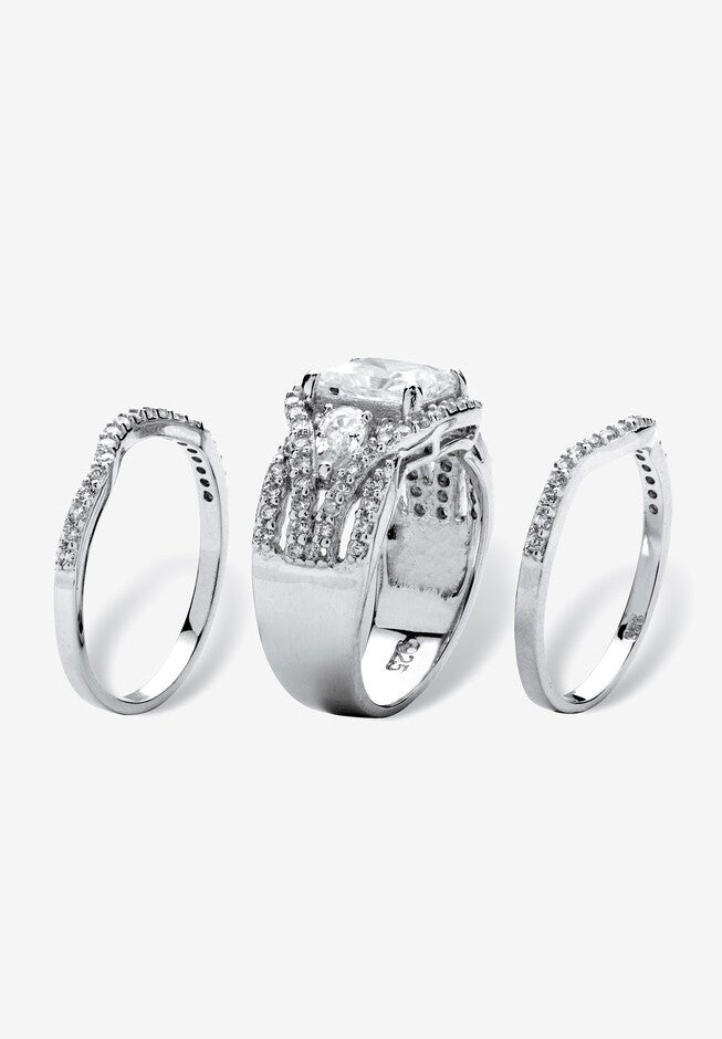 2.82 Tcw Cz Platinum-Plated Sterling Silver 3-Piece Highway Bridal Ring Set, , on-hover image number 1