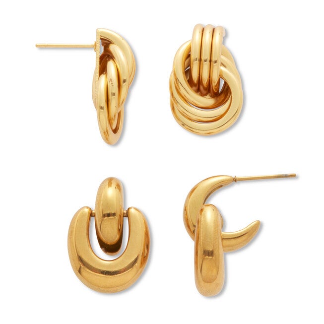 Yellow Gold Ion-Plated Stainless Steel Twisted Knot Drop Earring Set, YELLOW, on-hover image number null