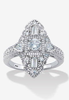 1.03 Cttw. Round Cubic Zirconia Platinum-Plated Sterling Silver Art Deco-Style Ring