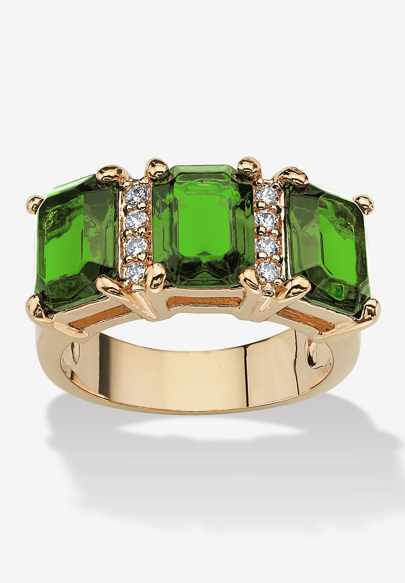 Yellow Gold-Plated Emerald Cut 3 -Stone Simulated Birthstone & CZ Ring, AUGUST, hi-res image number 0