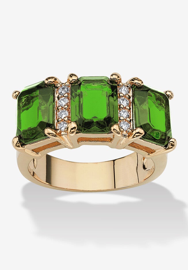 Yellow Gold-Plated Emerald Cut 3 -Stone Simulated Birthstone & CZ Ring, AUGUST, hi-res image number 0