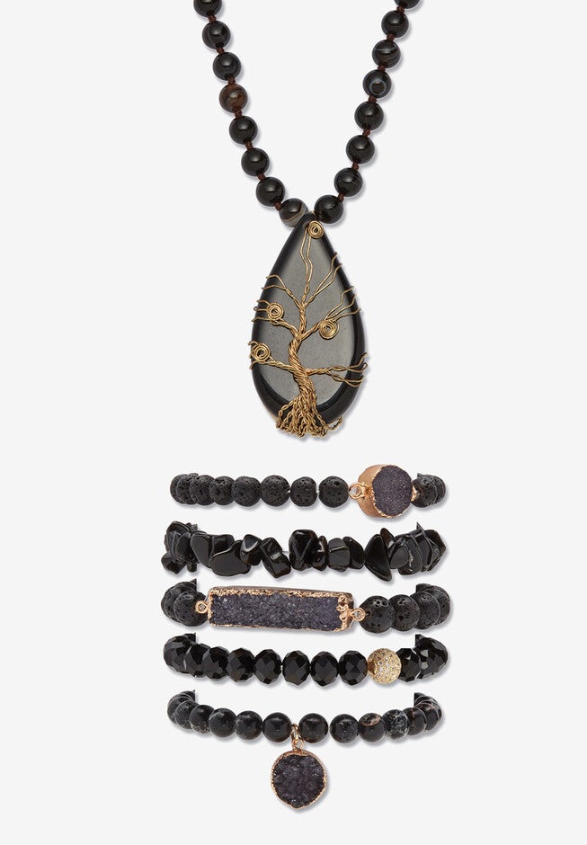 Natural Black Onyx And Genuine Agate Goldtone Necklace And Bracelet Set, 34 Inch, BLACK, hi-res image number 0
