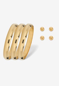 Goldtone Polished Bangle Earring and Ball Stud Earring Set 7.5"