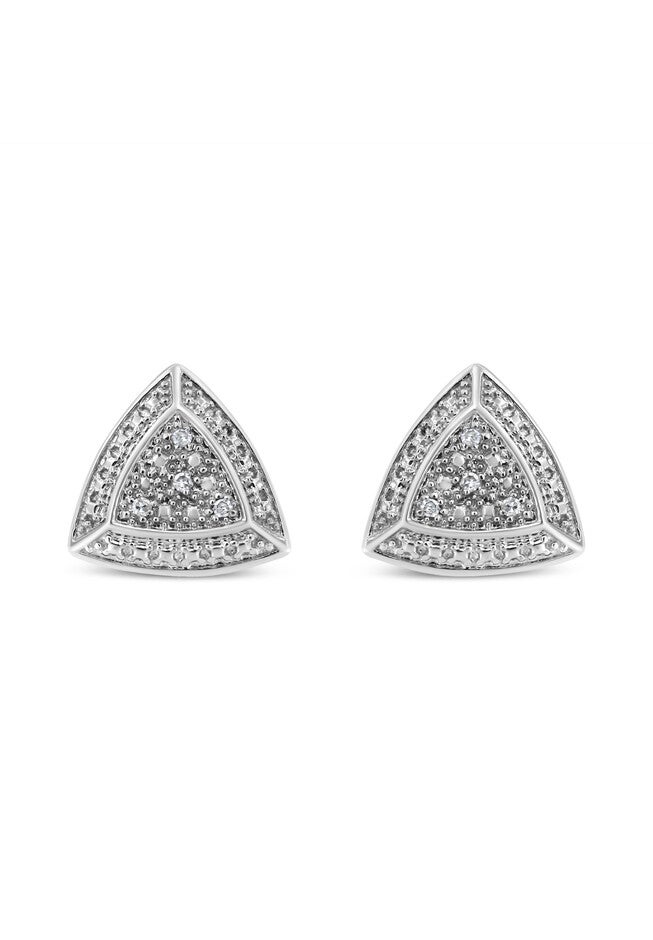Silver Diamond-Accented Trillion Shaped 4-Stone Halo-Style Stud Earrings, , on-hover image number 1