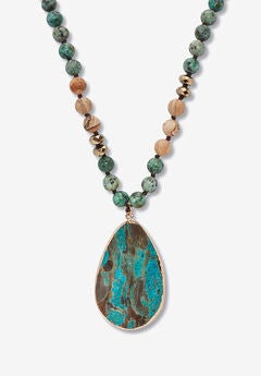 Genuine Multicolor Jasper Beaded Goldtone Bezel Set Pendant Necklace 36 Inch