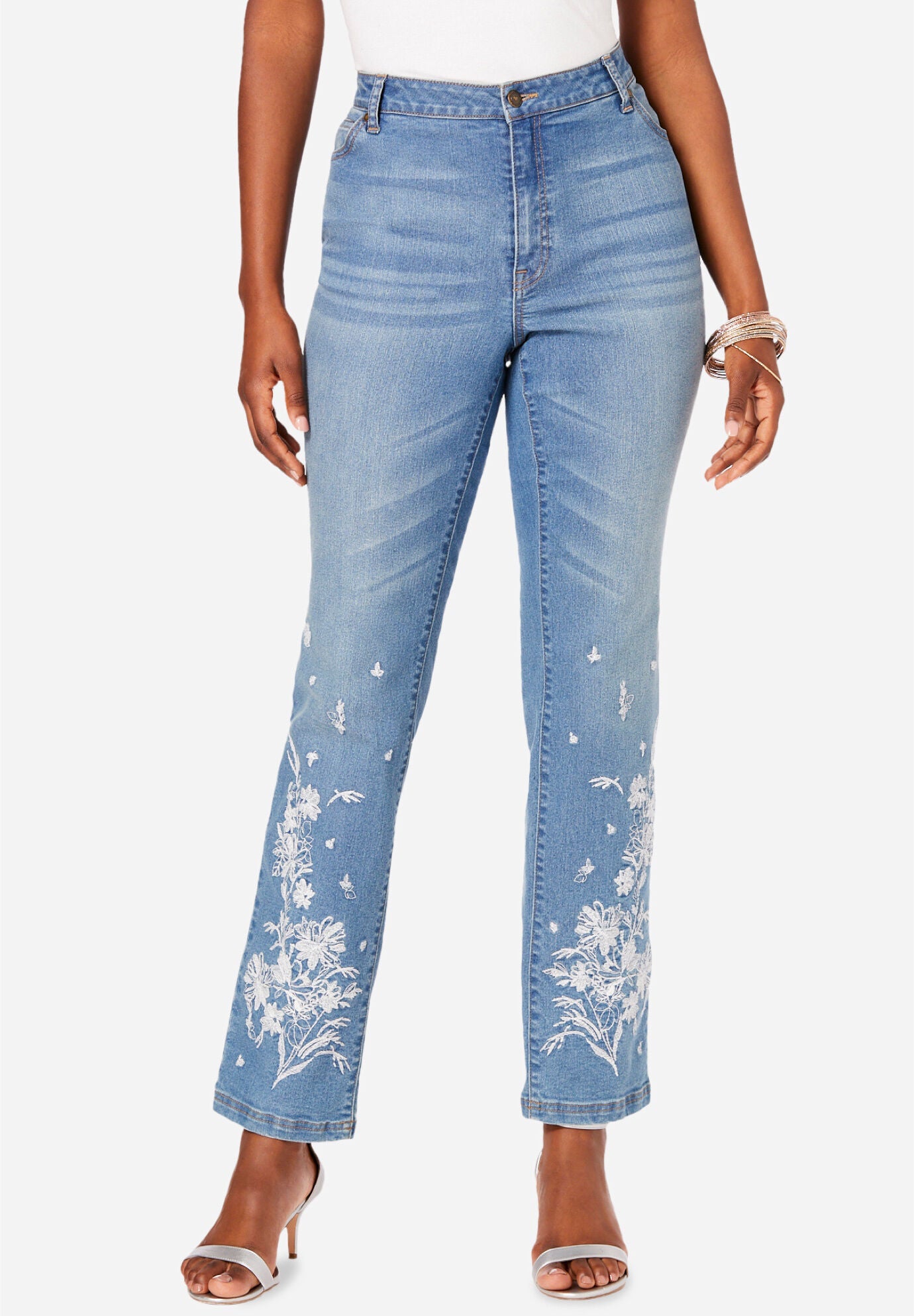 Floral Embroidered Straight Leg Jean Woman Within
