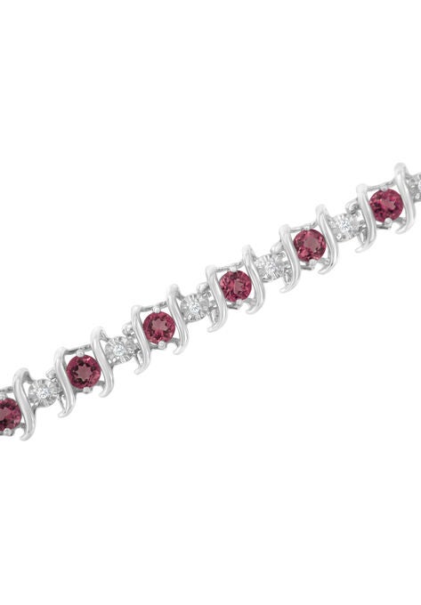 Sterling Silver Gemstone & Round Diamond Tennis Bracelet Pink Tourmaline October Birthstone, , alternate image number null