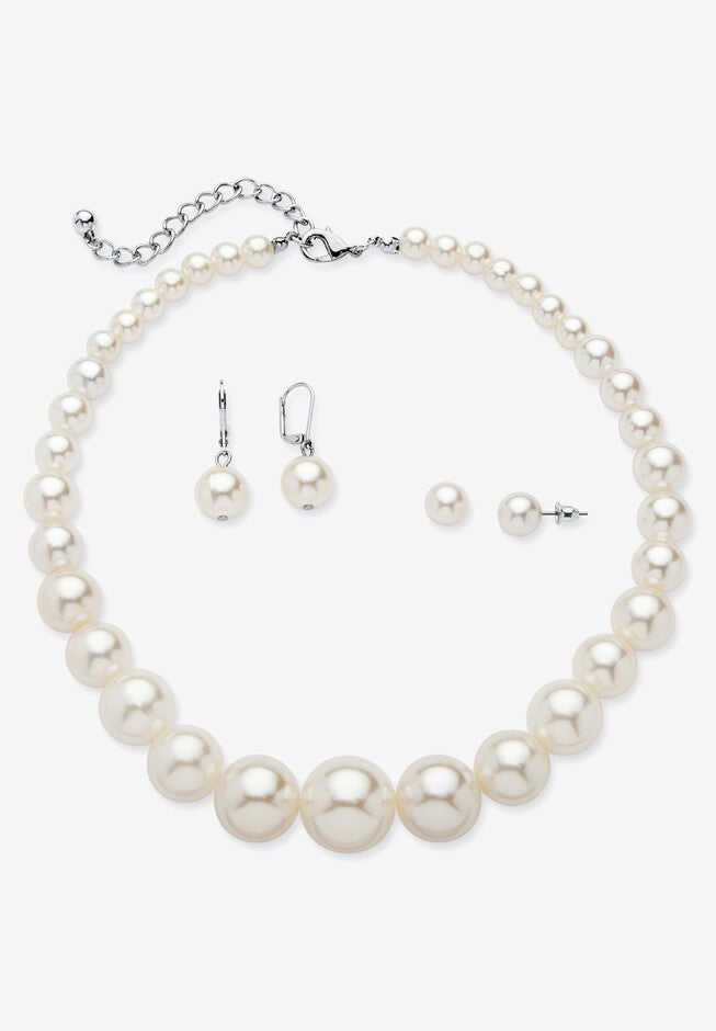 Simulated Pearl Silvertone Necklace And 2-Pair Earrings Set, SILVER, hi-res image number 0
