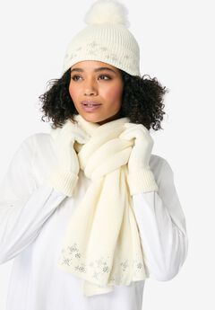 3 Piece Embellished Hat, Scarf And Gloves Set