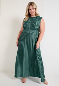 Boatneck Plisse Cap-Sleeve Maxi Dress