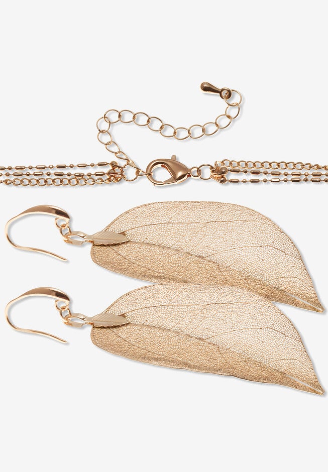 Rose Gold-Plated Leaf Necklace Set, 26 Inches, Plus 2 Inch Extension, , on-hover image number 1