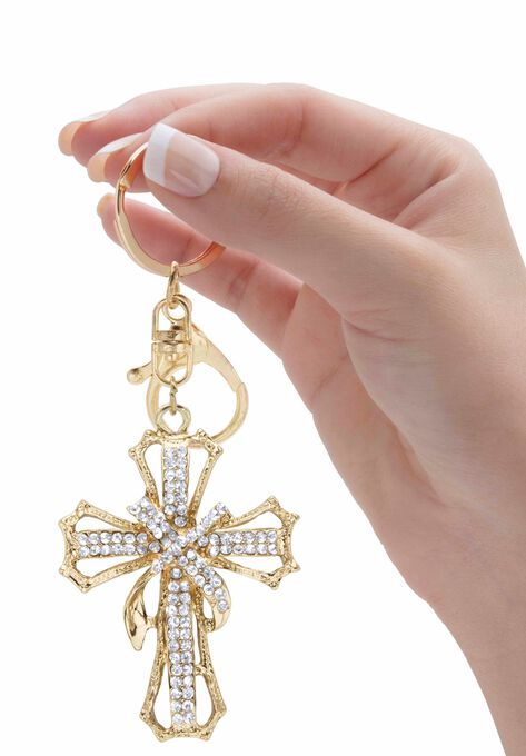 Goldtone Round Crystal Shrouded Cross Key Ring, , alternate image number null