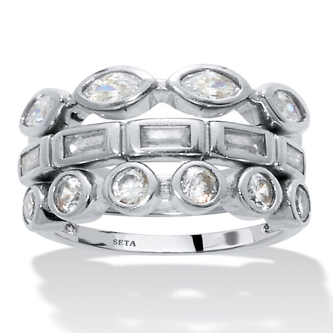 3-Set Stack Silvertone Multi-Shape Ring Set, WHITE, hi-res image number null
