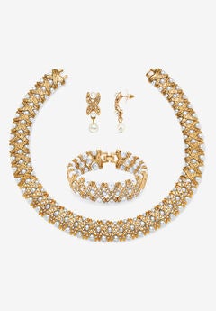 Gold Tone Necklace, Bracelet And Earring Set, Simulated Pearl Jewelry