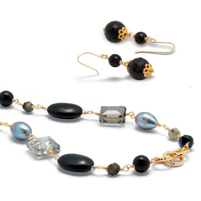 Genuine Black Onyx Goldtone Jewelry Set, BLACK, on-hover image number 1