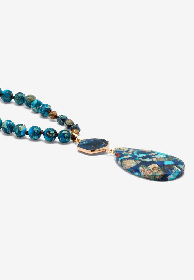 Genuine Blue Agate Goldtone Beaded Drop Pendant Necklace 34-Inch, , on-hover image number null