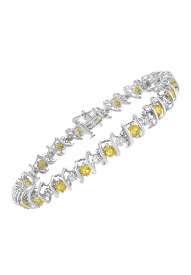 Sterling Silver Gemstone & Round Diamond Tennis Bracelet Citrine November Birthstone, , alternate image number 2
