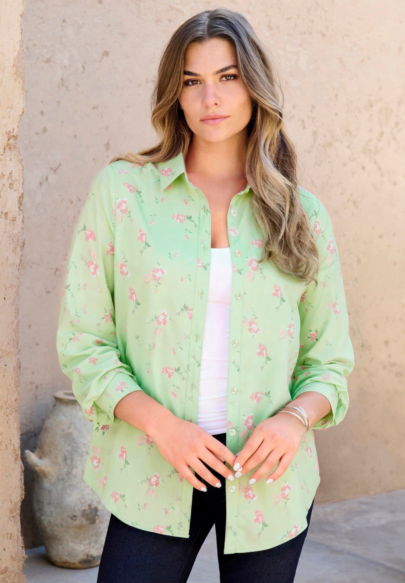 Kate Long-Sleeve Crisp Cotton-Blend Button-Front Shirt, GREEN MINT PRETTY FLORAL, hi-res image number 0