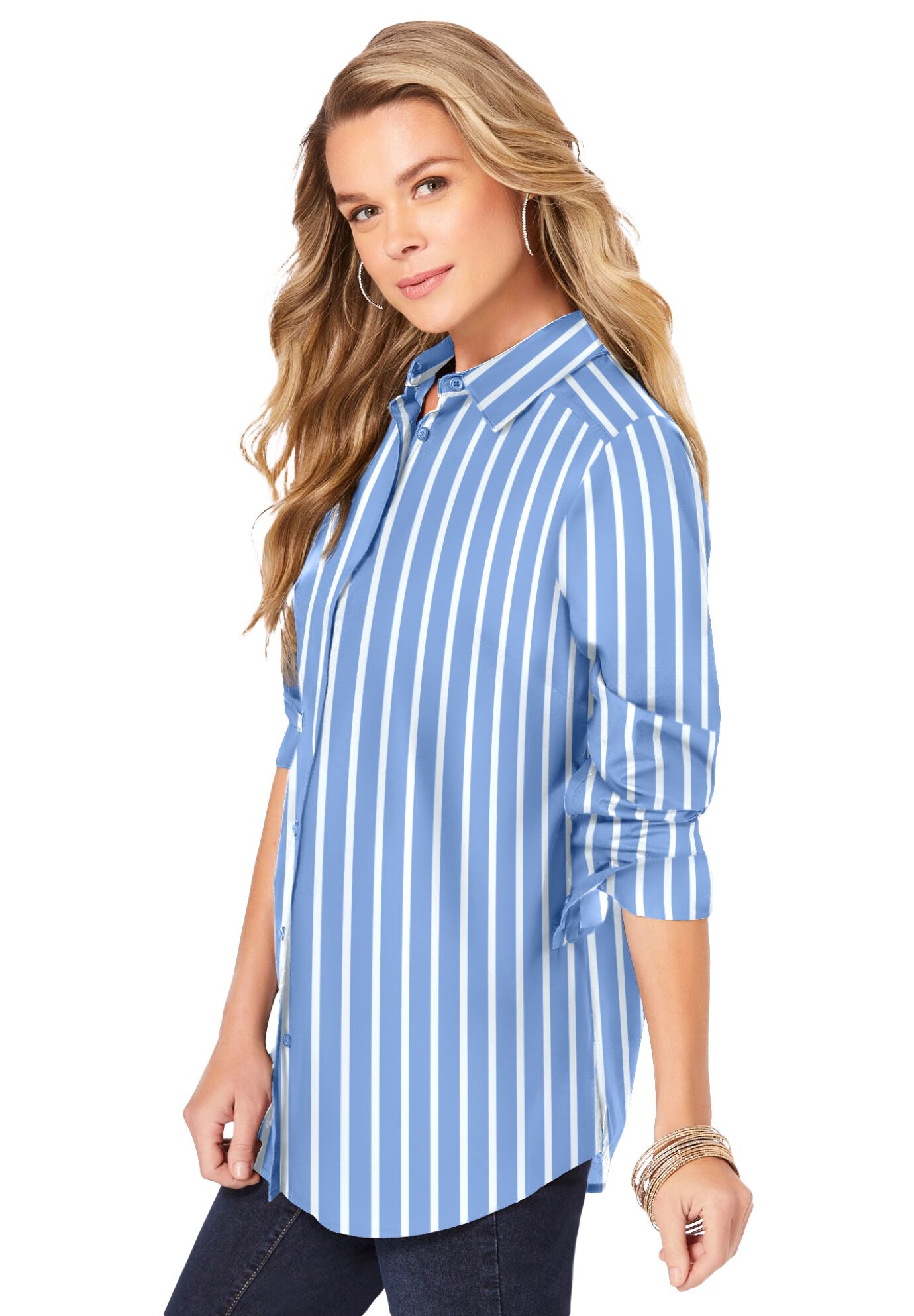 Kate Long-Sleeve Crisp Cotton-Blend Button-Front Shirt, FRENCH BLUE STRIPE, alternate image number 3