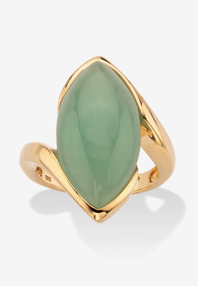 Marquise-Cut Genuine Green Jade Gold-Plated Sterling Silver Cabochon Bypass Ring, GREEN, hi-res image number null