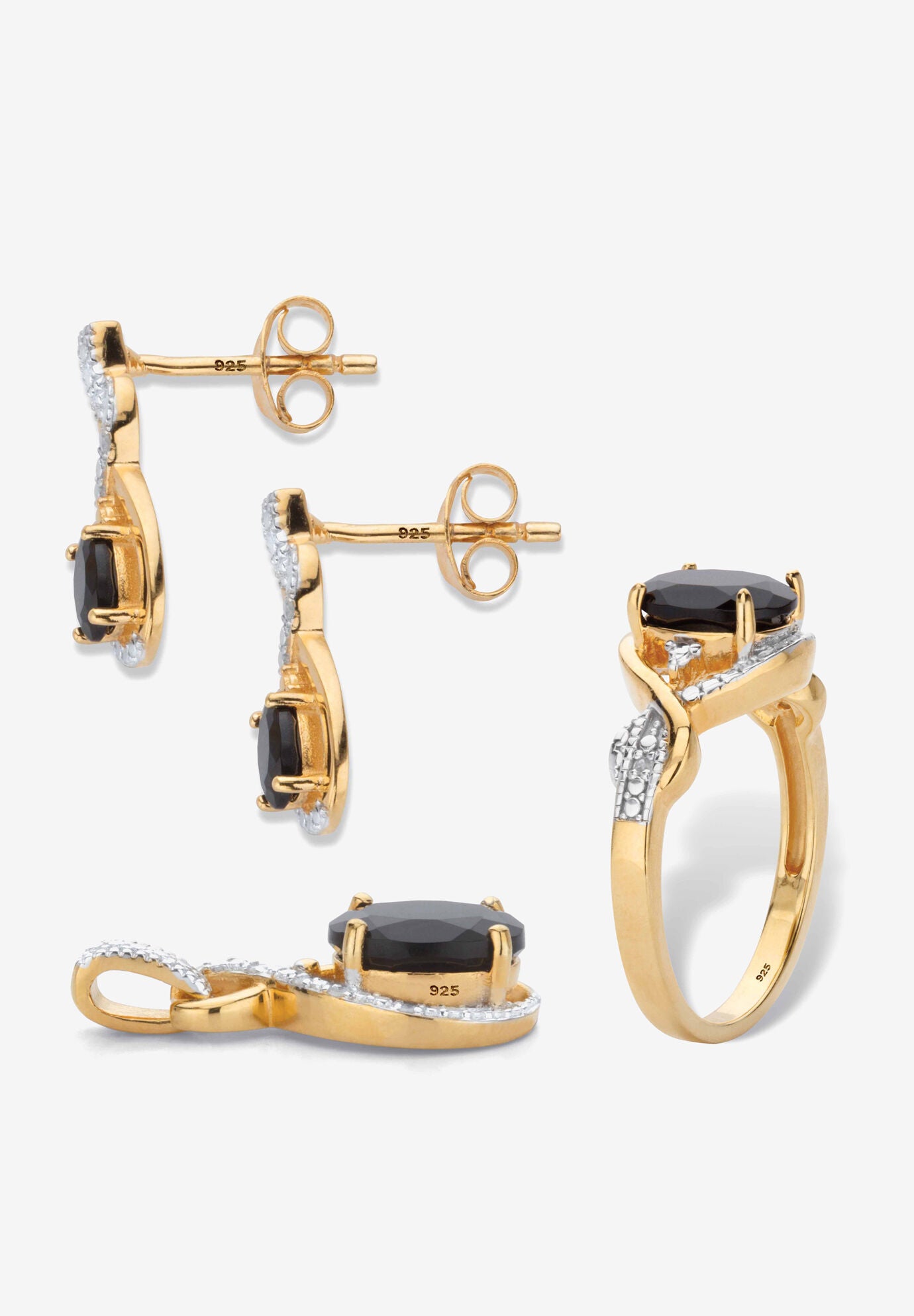 Oval Genuine Onyx And Diamond Accent Gold-Plated Silver Necklace Set 18 inches, , on-hover image number 1