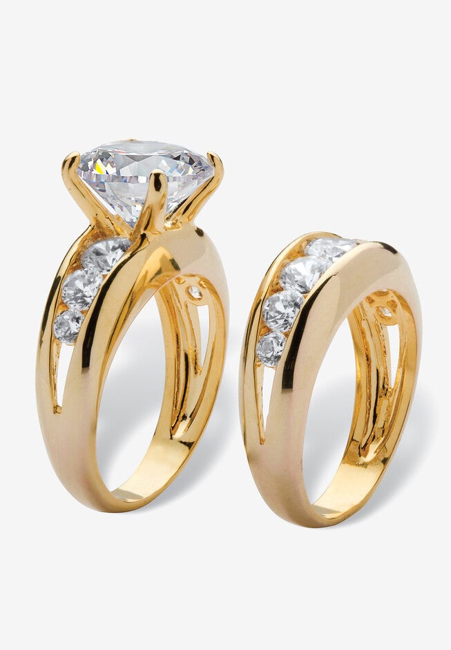 Gold-Plated Round Cubic Zirconia Bridal Ring Set, , on-hover image number 1