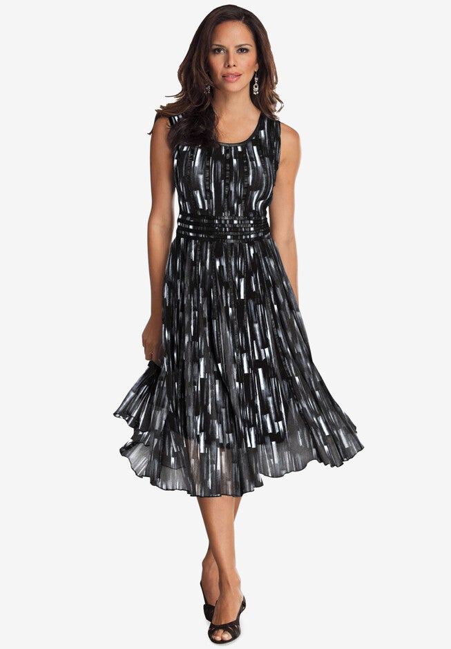 Printed Empire Waist Dress, BLACK WHITE BRUSHSTROKES, hi-res image number null