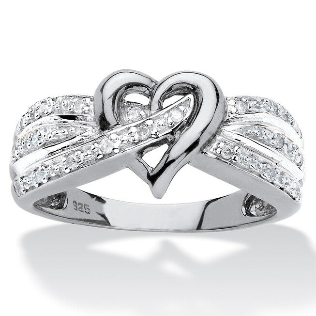 1/10 TCW Diamond Crossover Heart Ring in Platinum-plated Sterling Silver, WHITE, hi-res image number 0