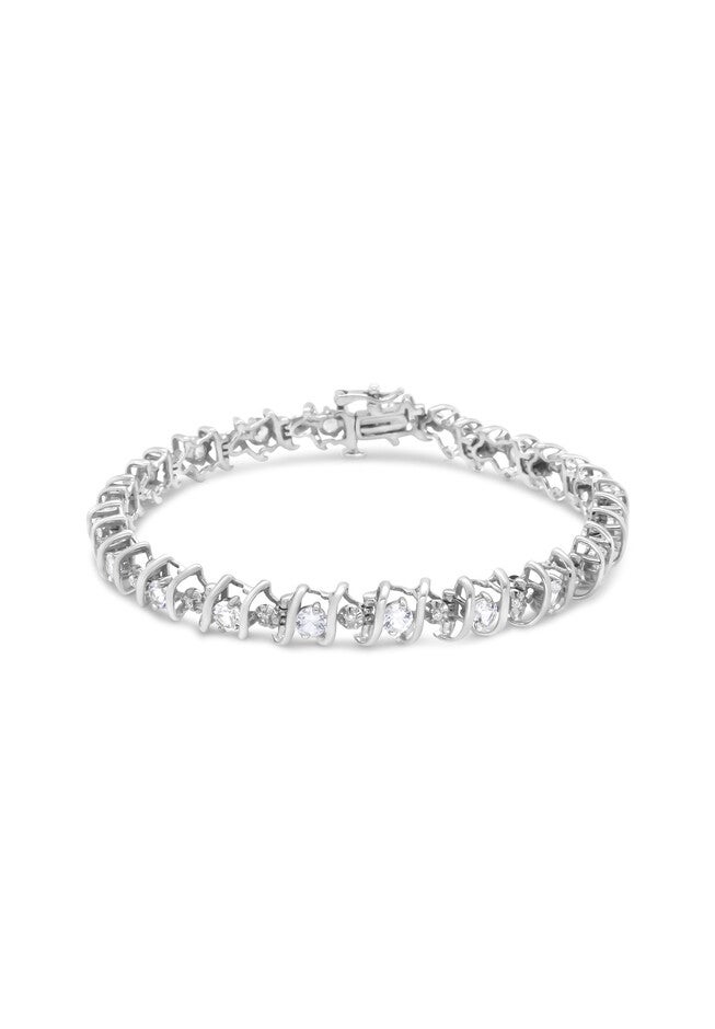 Sterling Silver Gemstone & Round Diamond Tennis Bracelet White Sapphire April Birthstone, , on-hover image number 1