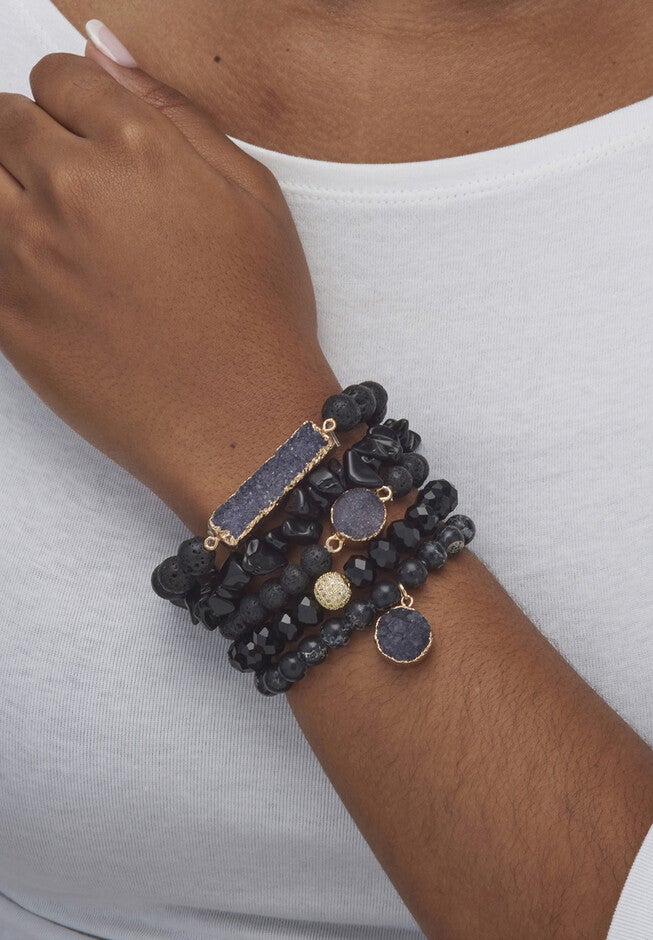 Natural Black Onyx And Genuine Agate Goldtone Necklace And Bracelet Set, 34 Inch, , alternate image number 7