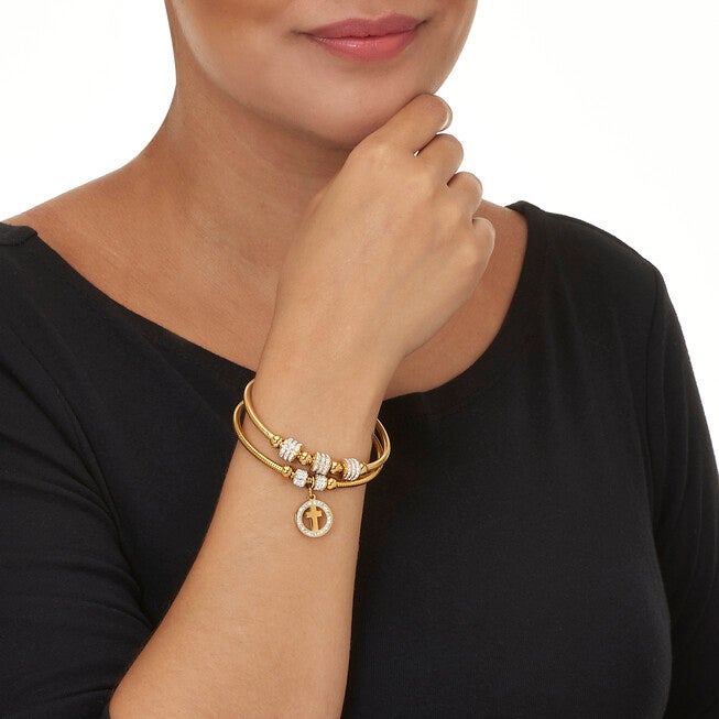 Round Crystal Gold Ion-Plated Stainless Steel Cross Charm Bracelet Set 7-inch, WHITE, alternate image number 2
