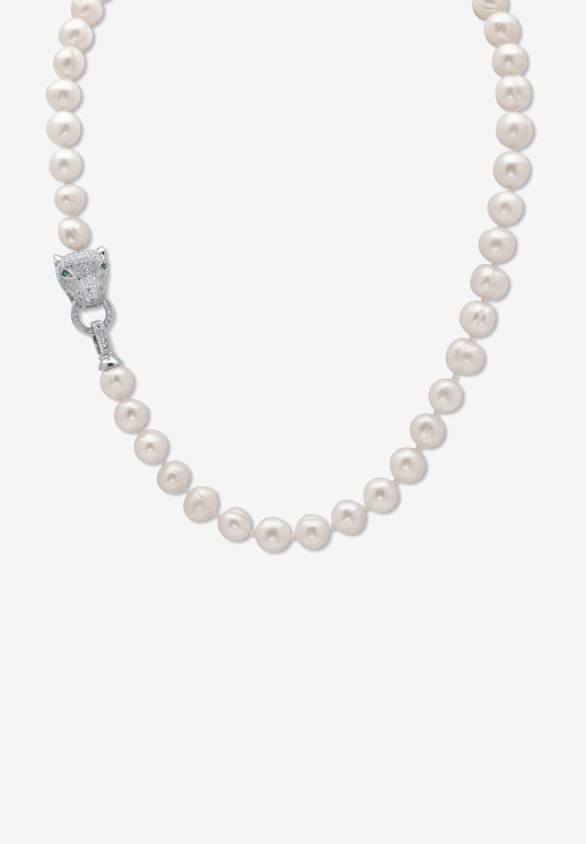 Silvertone Round Pearl And Round Cz Panther Strand Necklace (1/2 Cttw), PEARL, hi-res image number 0