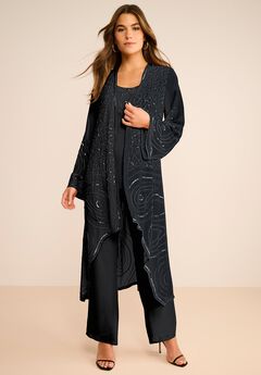 Plus Size Beaded Georgette Scoop Neck 3-Piece Pant Set