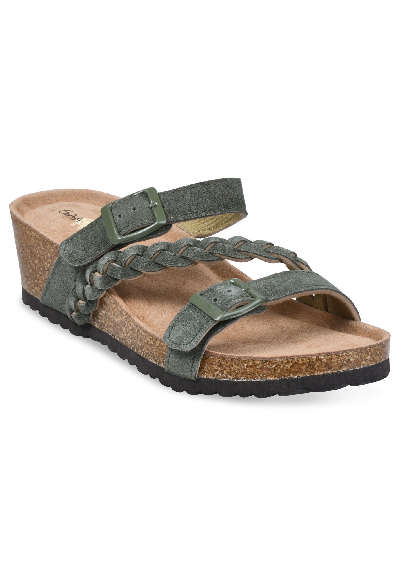 Leather Braided Adjustable 2 Strap Footbed Sandal, OLIVE, hi-res image number 0