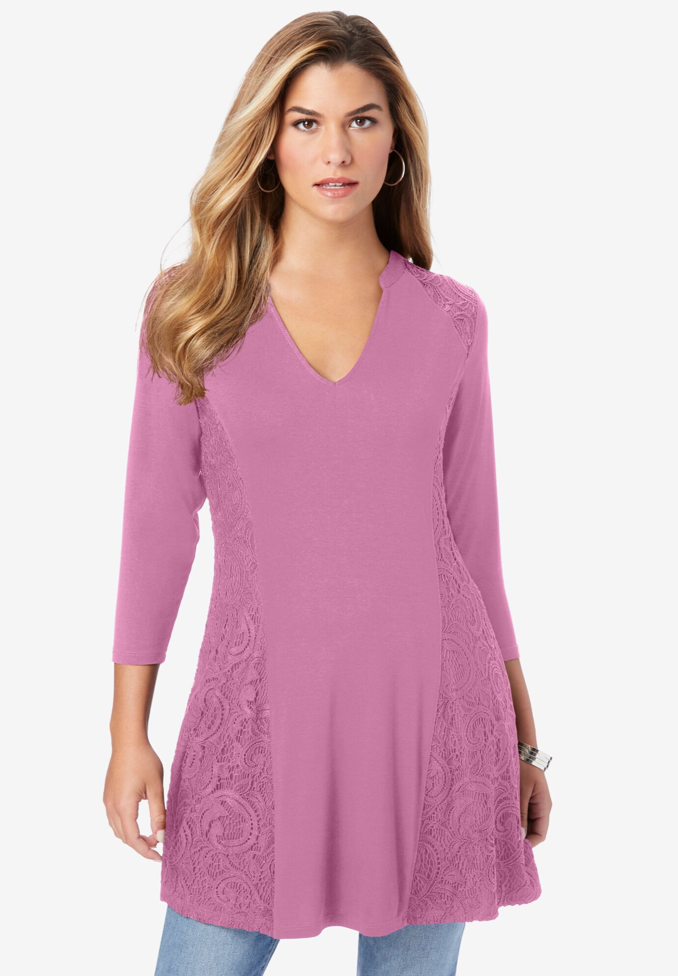 Lace-Panelled Fit-and-Flare Top, MAUVE ORCHID, hi-res image number 0