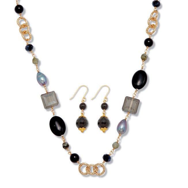 Genuine Black Onyx Goldtone Jewelry Set, BLACK, hi-res image number 0