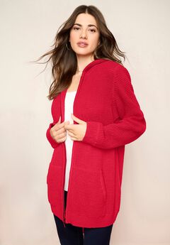 Plus Size Waffle Knit Zip-Front Relaxed Hoodie