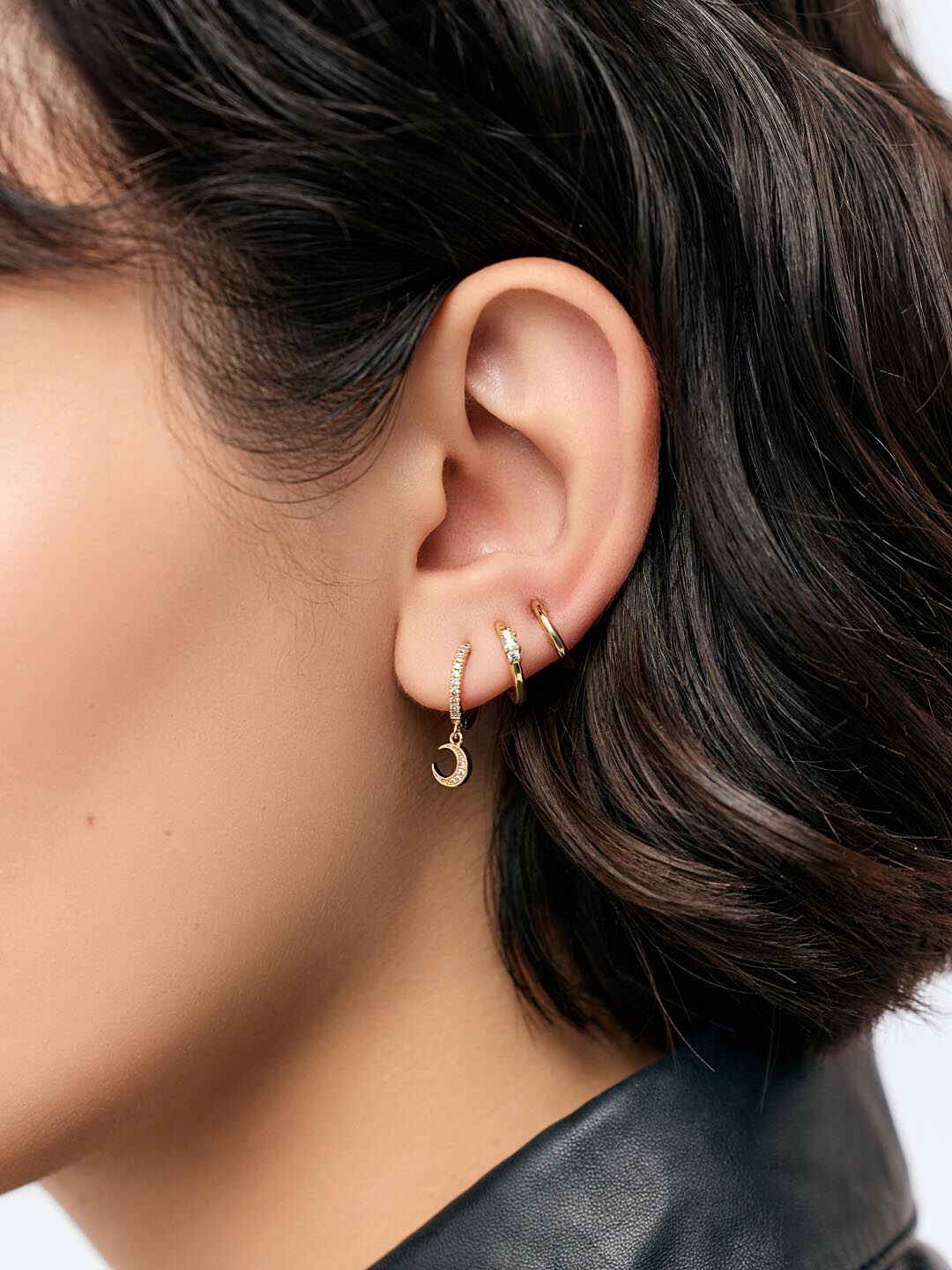 Crescent Moon Huggie Hoops - Celeste, GOLD, alternate image number 1