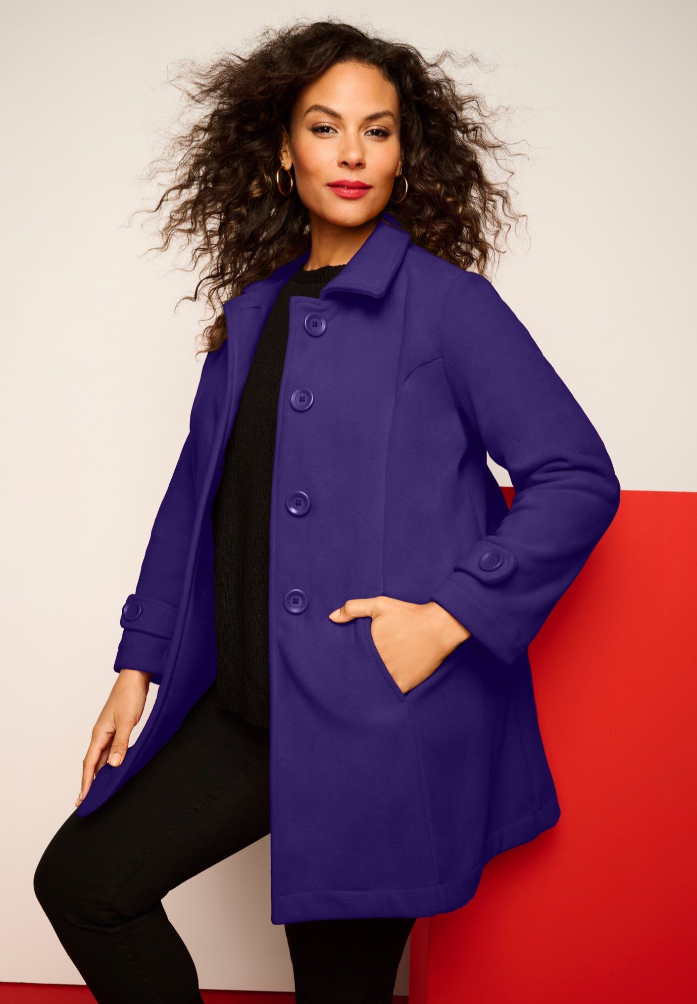 Plus Size Button Up Fleece Jacket, MIDNIGHT VIOLET, hi-res image number 0