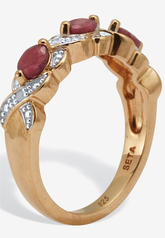 .62 Tcw Oval Genuine Ruby Diamond Accent 18K Gold-Plated Sterling Silver Ring, , on-hover image number null