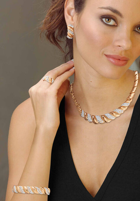 Crystal Goldtone S Link Necklace, Earring & Bracelet Bonus Ring Set 19"-21" Jewelry, , alternate image number null